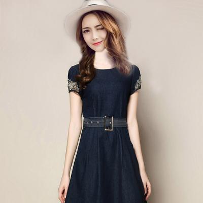 ĐẦM JEAN XÒE TAY PHỐI REN HOA KÈM THẮT EO - NJ951